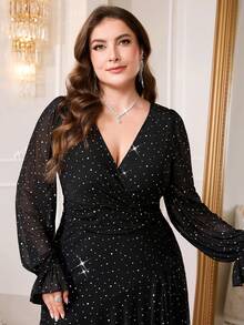 Reflora Vestido con volantes y pliegues con aplicaciones de diamante de imitación para mujer de talla grande, adecuado para boda en la playa - Negro - Ver 9