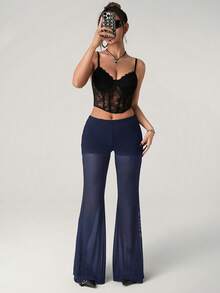 SHEIN ICON Summer Women's Going Out Night Concert Solid Color Mesh Patchwork Flare Pants, Suitable For Commuting Navy Blue Sexy - Navy Blue - View 4