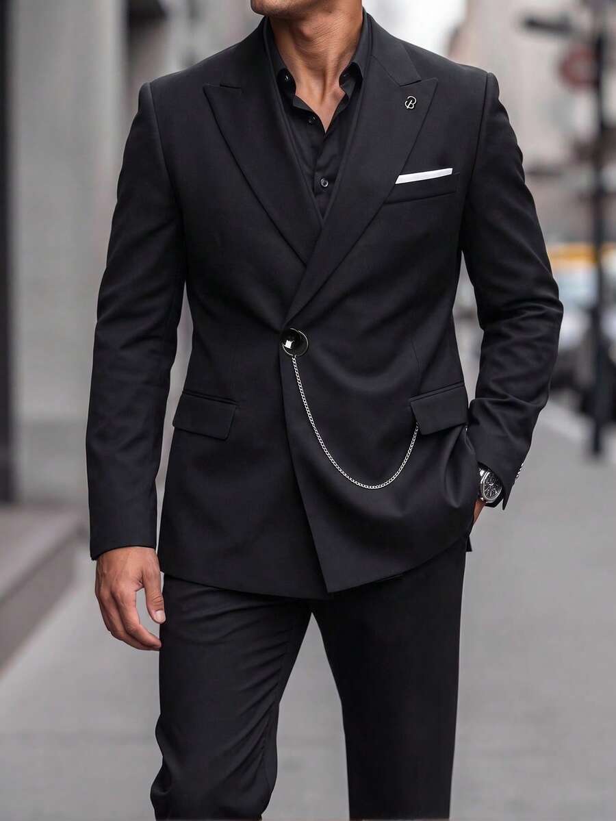 Manfinity Mode Setelan Jas dan Celana Pria Elegan untuk Bisnis, Warna Hitam Formal, Cocok untuk Gaya Klasik, Santai Sehari-hari, Hadiah Pesta, Liburan - Hitam - View 1