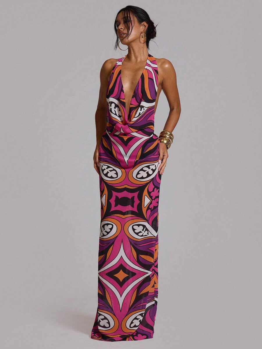 MUSERA Đầm maxi dáng suông, cổ chữ V xẻ sâu, in họa tiết, thích hợp cho mùa xuân hè, lễ hội Ibiza, kỳ nghỉ, dễ thương, gợi cảm, phong cách Y2K, đi chơi đêm, câu lạc bộ, nhiệt đới quyến rũ. - Nhiều màu - Xem 1