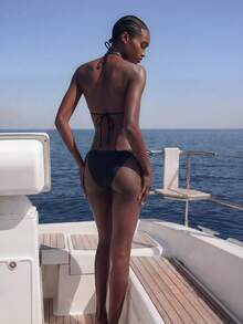 Maija 女士夏季沙滩亮片装饰露背系带性感比基尼泳装套装度假泳衣 - 黑色 - 查看 4
