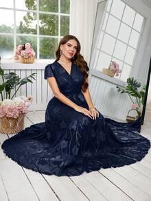 Reflora Plus Size Women's Elegant Floral Print Dress, Summer Wedding Guest Dress - Navy Blue - View 4