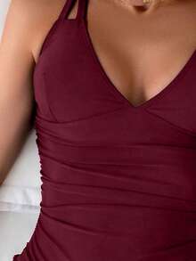 Swim Basics Women's Solid Color V-Neck Spaghetti Strap Backless Fitted One-Piece Swimsuit - Burgundy - View 3