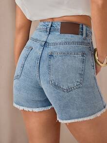 SHEIN Cottnline Bleach Wash Raw Hem High Waist Denim Shorts Everyday Going Out Light Blue Summer Casual Streetwear - Light Wash - View 2