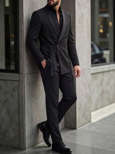 Manfinity Mode Men's Business Commute Black Suit Jacket And Pants Set