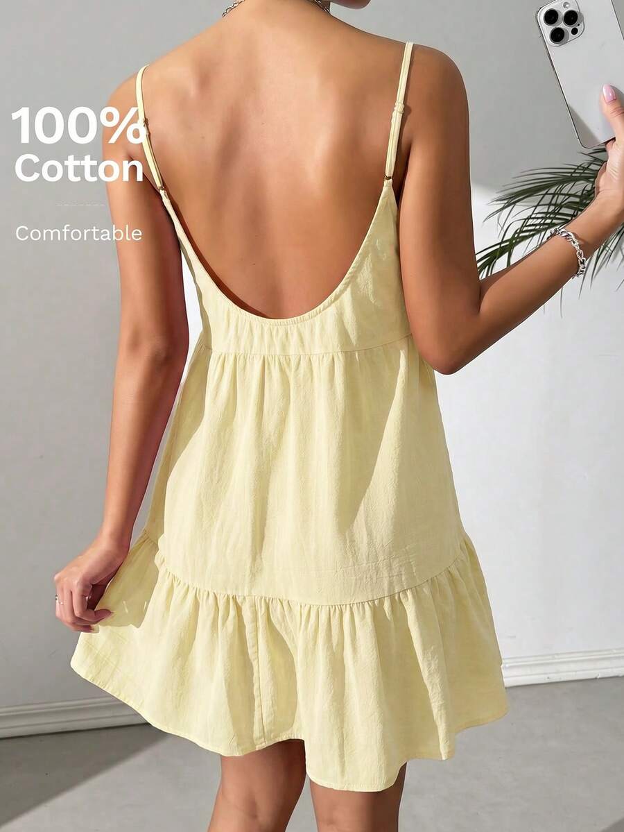 SHEIN EZwear Pale Yellow Casual Tropical Spaghetti Strap Backless Babydoll Dress Vacation Summer - Light Yellow - View 1