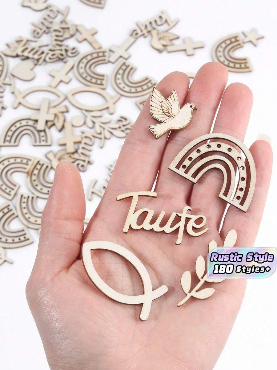 1PACK 180PCS Wooden Confetti Rainbow Dove Fish Cross Branch Dot Pattern For Baptism Baby Birth Communion Naming Ceremony Party Decoration Supplies - Wood - View 1