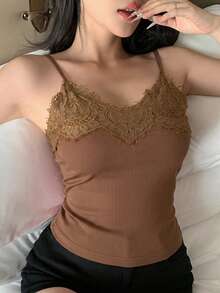 DAZY 女士时尚蕾丝拼接吊带背心 - 卡其色 - 查看 9