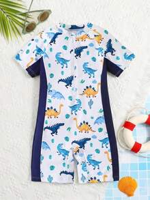SHEIN 1pc Young Boys Cute Casual Cartoon Dinosaur Print Color Block Long Sleeve Rash Guard & Hat Set, Suitable For Beach, Pool, Spring/Summer - Multicolor - View 5