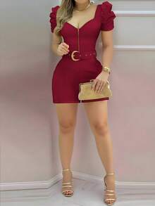 INAWLY Fitted Sexy Low Neck Zipper Belt Decor Gigot Sleeve Jumpsuit For Women - Burgundy - View 3