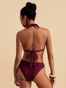 Travachic Conjunto de bikini sexy de verano para playa con cuello halter y lazo para mujer - Rojo - Ver 2