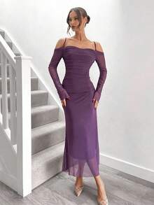 SHEIN Đầm nữ thanh lịch in họa tiết lưới vai trễ không tay - Màu tím - Xem 4