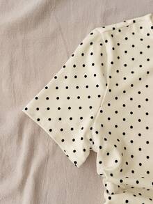 SHEIN Tween Girls' Brown Knit Casual Minimalist Polka Dot Print Ruched Waist Cropped Top, Suitable For Spring/Summer, Casual, Stylish Outfit - Apricot - View 4