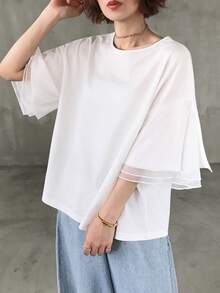 FRIFUL Women's Summer Solid Color Round Neck Short Sleeve Mesh Patchwork Sheer T-Shirt - White - View 4
