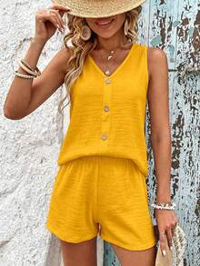 SHEIN LUNE Women's Solid Color V-Neck Camisole And Shorts Casual 2-Piece Set - Yellow - View 4