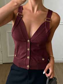 DAZY Áo tank top nữ màu trơn cổ chữ V không tay, chất liệu dệt kim mỏng, thanh lịch, thích hợp cho mùa hè. - Đỏ - Xem 3