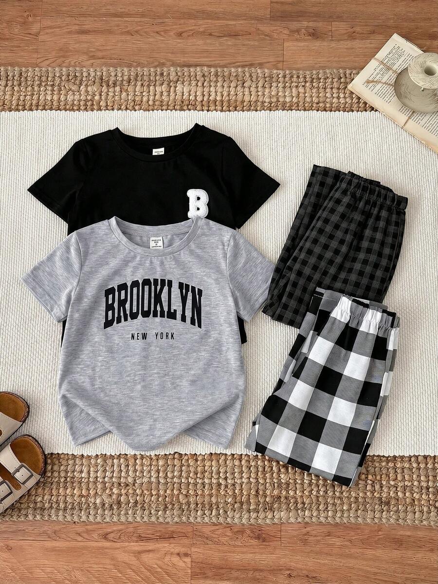 SHEIN 2pcs/Set Young Boy Soft Casual Outfit,Letter Print Round Neck Short Sleeve T-Shirt & Plaid Loose Pants,Back-To-School Summer Career Day Loungewear - Multicolor - View 1