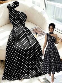 Elenzga Women's Elegant Casual Black & White Polka Dot Sleeveless Bodycon Dress With Rose Decor Asymmetric Collar, Suitable For Spring/Summer - Black and White - View 1