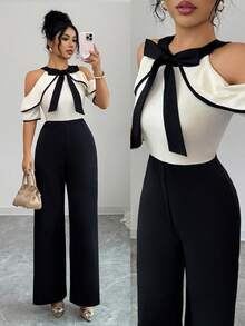 Hourglow Women's Elegant Contrast Color Off-Shoulder Short Sleeve Bow Collar Fitted Jumpsuit Summer - Multicolor - View 1