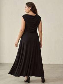 MOTF PREMIUM PLUS SIZE WOMEN'S ELEGANT SLIMMING DRESS WITH SHOULDER CUT-OUT, WAIST CUTOUT, BEADED FLORAL APPLIQUE, SPRING/SUMMER - Black - View 4