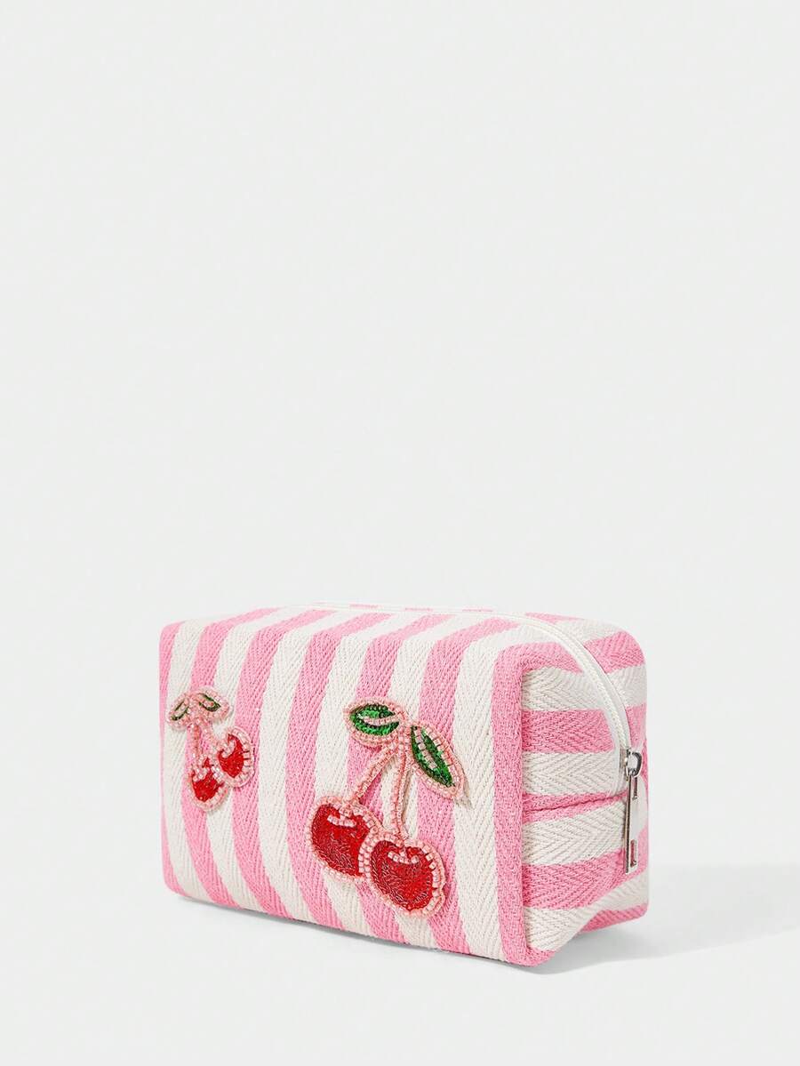 SHECARRY Ladies Fashion Pink And White Striped Cherry Embroidered Cosmetic Bag, Rhinestone Decorated Canvas Storage Bag, Portable Beauty Bag - Pink - View 1