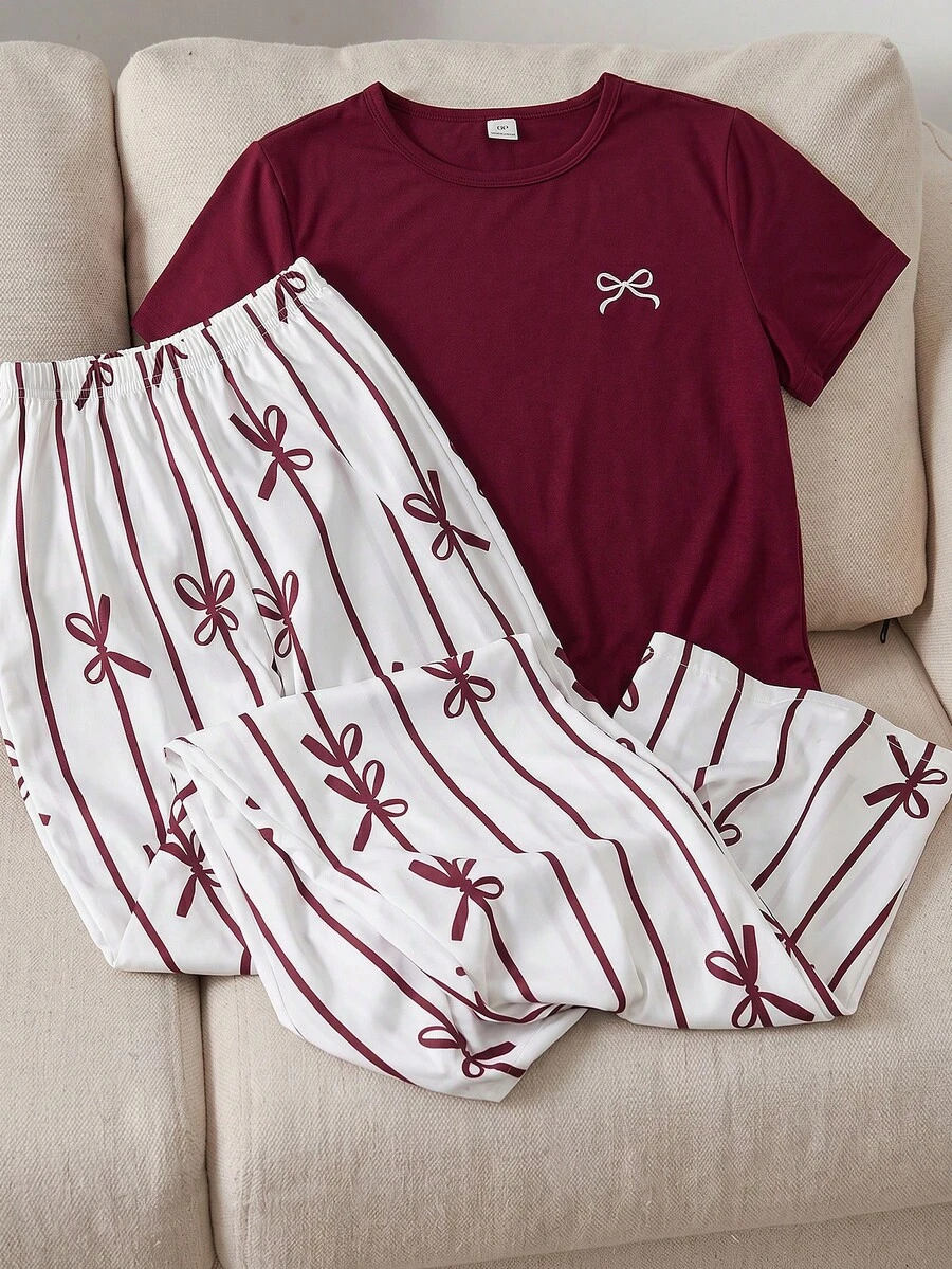 SHEIN 2件組青少年女孩酒紅色蝴蝶印花休閒套裝,包含寬鬆版型短袖上衣配白色蝴蝶結飾與酒紅色直條紋蝴蝶印花寬腿長褲,甜美溫柔風格,適合休閒穿著或短途旅行,2026春夏季輕盈面料 - 酒紅色 - 查看 1