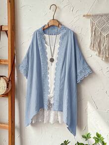 Rusticease Plus Size Women Spring Casual Vacation Solid BlueLace Patchwork Kimono Thin Jacket,Summer - Blue - View 3
