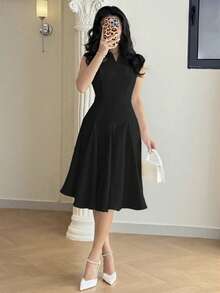 Feyla Women's Solid Color Notched Neck Elegant Short Dress, Spring/Summer Office Black - Black - View 2