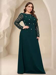 Coutiva Plus Size Elegant Dark Green Bubble Bead Contrast Lace A-Line Dress Formal Party Wedding Spring - Dark Green - View 7