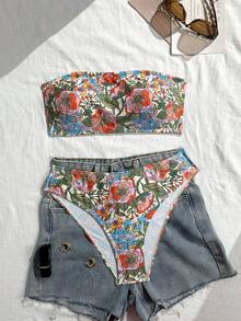Swim Vcay 2pcs/Set Women Floral Random Print Strapless Bikini Swimwear Set, Suitable For Summer Beach Vacation - Multicolor - View 3