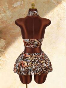 Amplova Women's 2-Piece Leopard Print Sexy Tie-Dye Halter Top And Ultra Low-Rise Mini Skirt Set - Multicolor - View 2