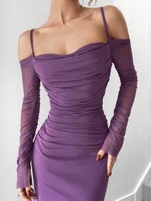 SHEIN Đầm nữ thanh lịch in họa tiết lưới vai trễ không tay - Màu tím - Xem 5