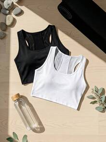 SHEIN Cheerettes 2件装女士纯色休闲日常运动文胸 - 黑與白 - 查看 2