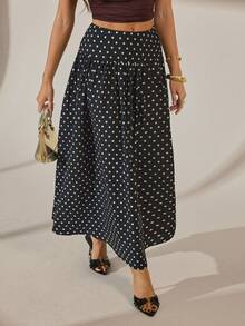 SHEIN Tall Women's Black Polka Dot Long Fitted Midi Skirt, Autumn Boho Vacation Holiday Resort Collection, Casual Street Style Wedding Guest Attire, Tall Women - Black - View 2