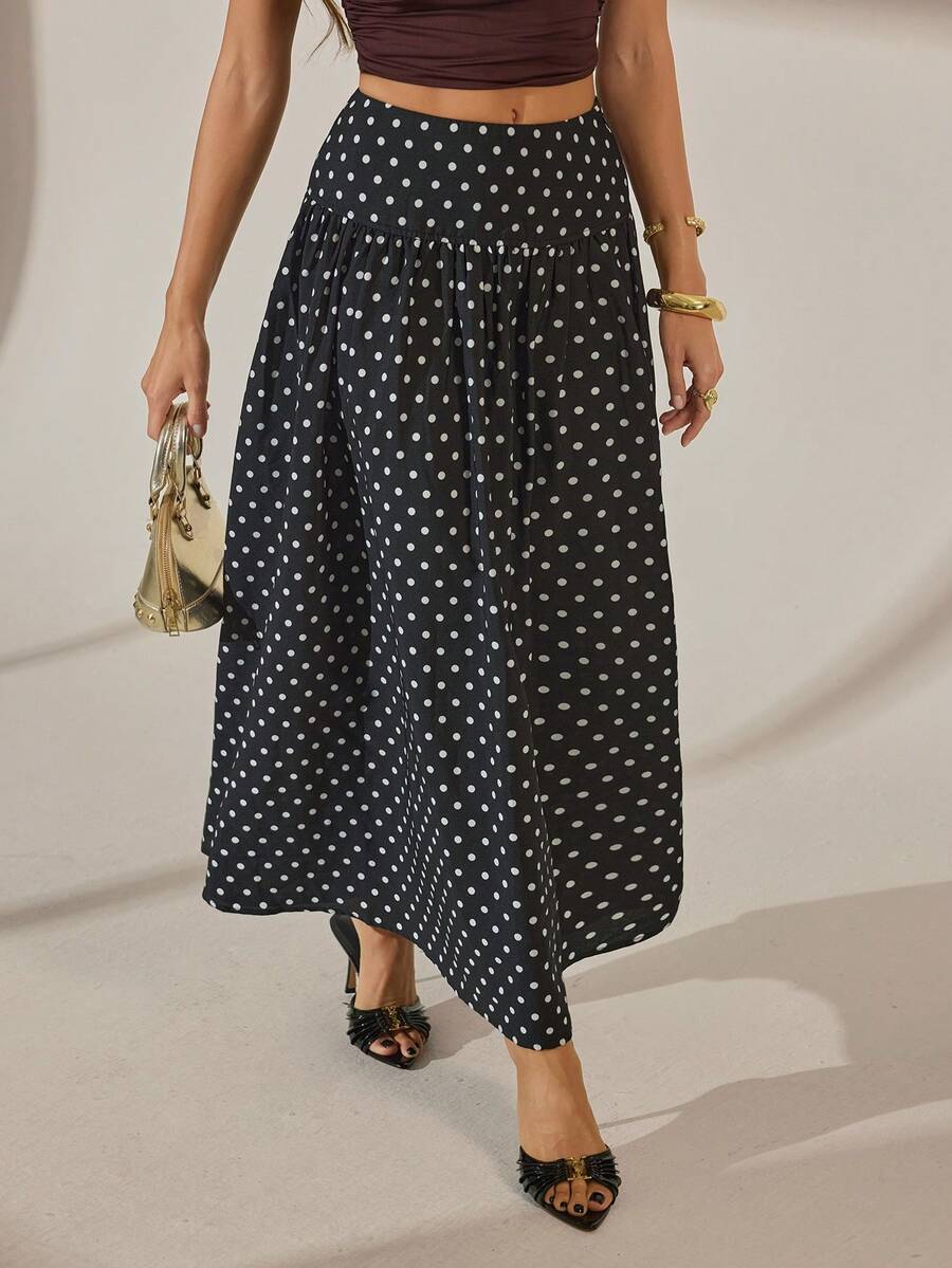 SHEIN Tall Women's Black Polka Dot Long Fitted Midi Skirt, Autumn Boho Vacation Holiday Resort Collection, Casual Street Style Wedding Guest Attire, Tall Women