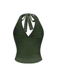 ROMWE Grunge Punk Y2K Leopard Print Halter Neck Tank Top For Women - Army Green - View 2