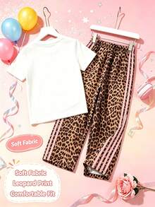 SHEIN Elladie kids 2件套女童甜美蝴蝶结短袖T恤和雏菊格纹长裤套装，清新百搭，舒适透气，适合日常玩耍和户外拍照，柔软可爱，专为婴幼儿设计的夏季休闲套装。 - 棕色 - 查看 3