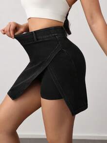 VARSIVA Falda pantalón de mezclilla con cintura alta y abertura lateral con bolsillos para teléfono VARSITIE, falda pantalón casual y deportiva para uso diario para mujeres - Negro - Ver 4