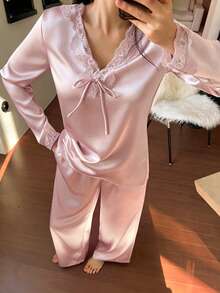 DAZY 2pcs Set Piyama Longgar Leher V Polos dengan Motif Renda, Atasan Lengan Panjang dan Celana, Musim Gugur/Musim Dingin untuk Wanita - Berwarna merah muda - View 4