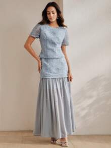 Anewsta Conjunto elegante de verano para fiesta, top con rosas 3D y cuentas combinado con falda de malla con patchwork, conjunto de 2 piezas azul para mujer, adecuado para fiestas, banquetes y bodas - Azul - Ver 2