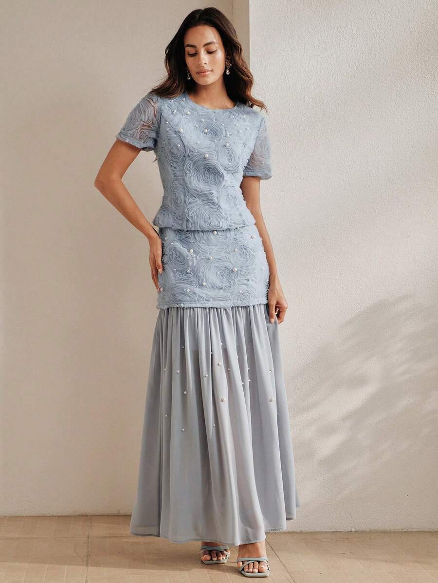 Anewsta Conjunto elegante de verano para fiesta, top con rosas 3D y cuentas combinado con falda de malla con patchwork, conjunto de 2 piezas azul para mujer, adecuado para fiestas, banquetes y bodas