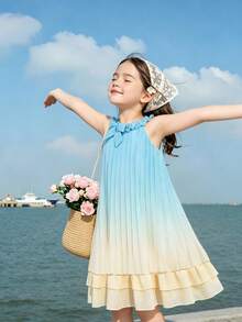 SHEIN Elladie kids 女童夏季褶皱蓝黄渐变荷叶边蝴蝶结装饰无袖连衣裙，适合度假、休闲、日常穿着，时尚优雅。 - 彩色 - 查看 5