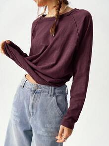Bohemela Camiseta holgada de mujer de manga raglán de cuello redondo de punto de color liso para vacaciones - Rojo violeta - Ver 5