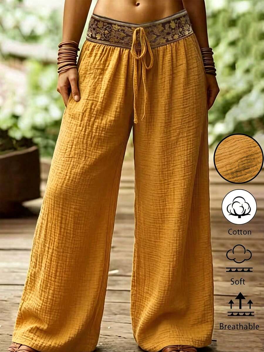 SHEIN LUNE Women's Drawstring Loose Wide Leg Military Green Pants - Yellow - View 1