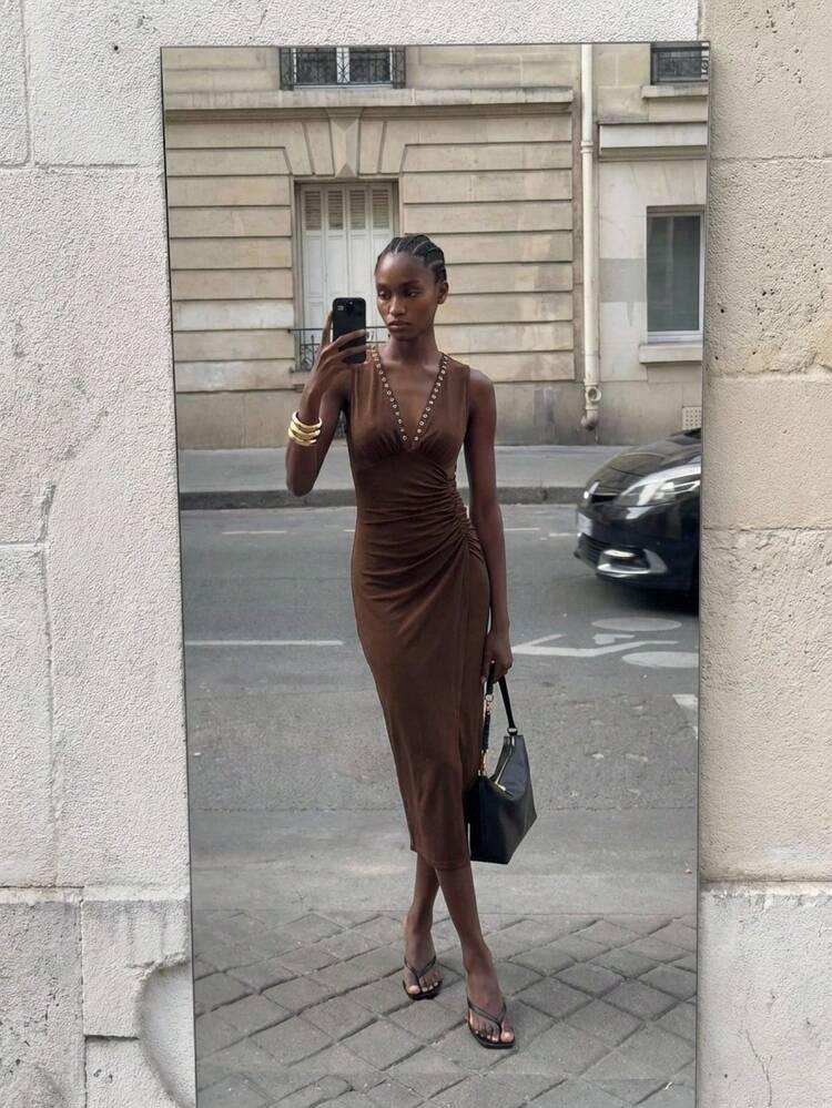 SHEIN Maija Brown Sleeveless V Neck Ruched Midi Dress For Women Knitted Fabric Tank With Slit Hem