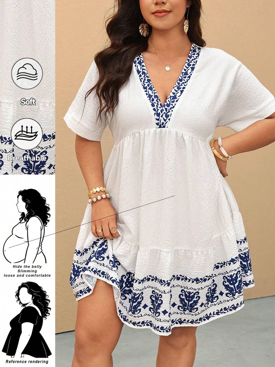 SHEIN CURVE+ 大码女式休闲碎花V领短袖连衣裙,夏季连衣裙 - 白色 - 查看 1
