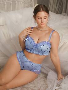 DelicateAllure 2 piezas Conjunto de sujetador de talla grande con copa moldeada, aros, inserto de malla, ribete de volantes, acento de lazo, levantamiento y realce, estampado de rayas - Azul - Ver 4