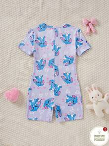 1pc Girls' Stitch Cartoon Jumpsuit,Soft Purple & Pink,Summer Cute Holiday Home Wear,All-Over Heart Print,Front Zipper Polyester Snug Fit - Multicolor - View 2