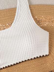 Swim Chiccia Plain White Asymmetrical Textured One-Piece Swimsuit For Women With Side Drawstring - White - View 5
