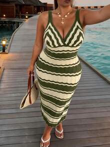 Firerie Vestido de punto sin mangas con rayas y contraste de color para mujer talla grande de vacaciones - Verde - Ver 3